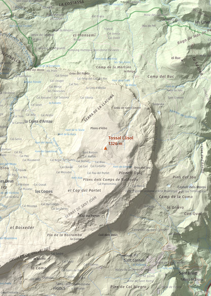 Mapa de relieve de Tossal Llisol, 1326 m, Berguedà, lámina 100 Cims de Trobart. Detalle de la zona central. 50 × 70 cm.