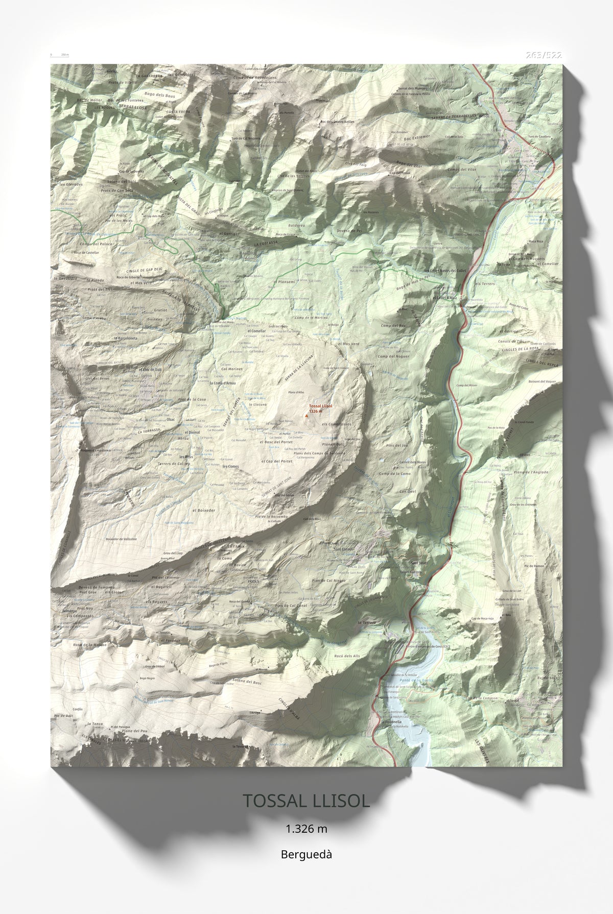 Mapa de relieve de Tossal Llisol, 1326 m, Berguedà, lámina 100 Cims de Trobart 61 × 91 cm.