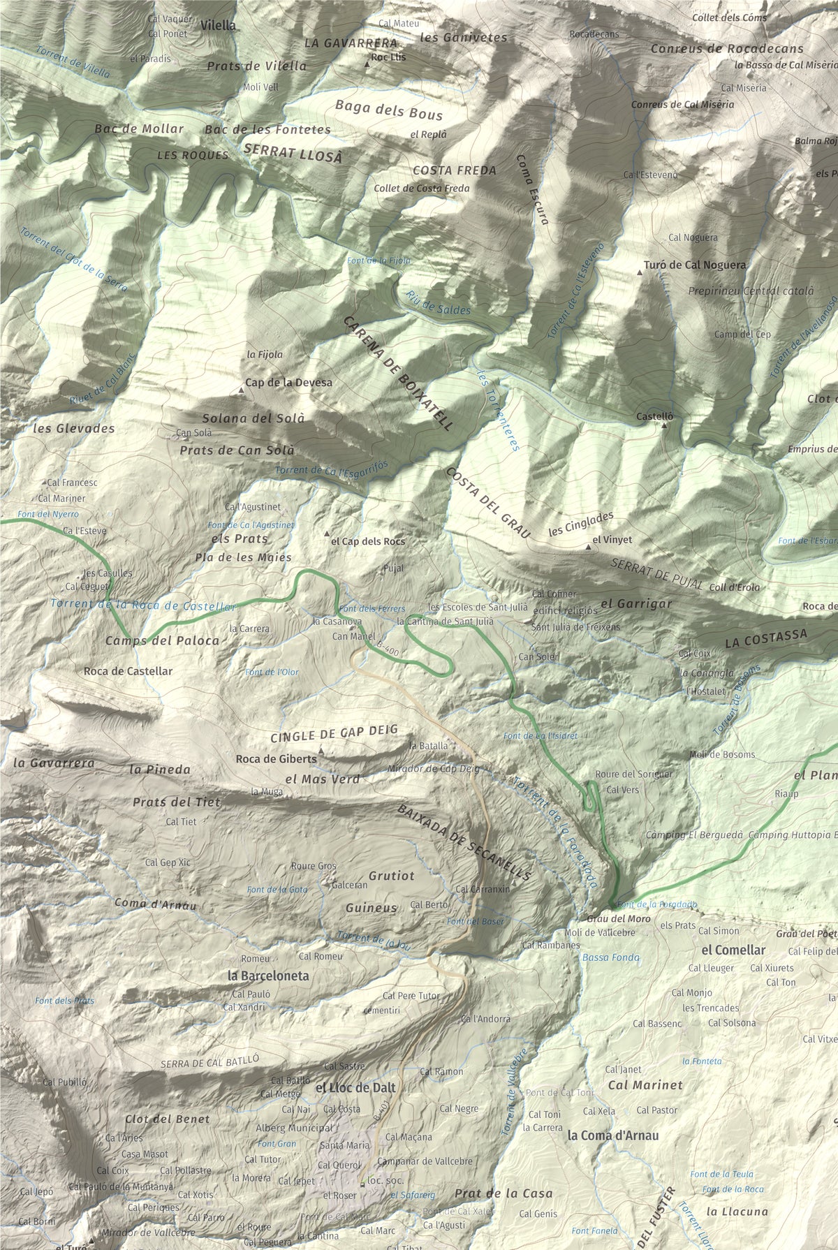 Mapa de relieve de Tossal Llisol, 1326 m, Berguedà, lámina 100 Cims de Trobart. Detalle de la zona superior izquierda. 61 × 91 cm.