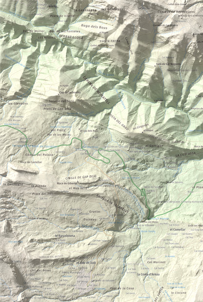 Mapa de relieve de Tossal Llisol, 1326 m, Berguedà, lámina 100 Cims de Trobart. Detalle de la zona superior izquierda. 61 × 91 cm.