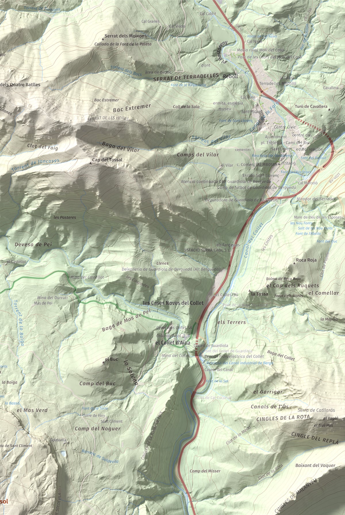 Mapa de relieve de Tossal Llisol, 1326 m, Berguedà, lámina 100 Cims de Trobart. Detalle de la zona superior derecha. 61 × 91 cm.