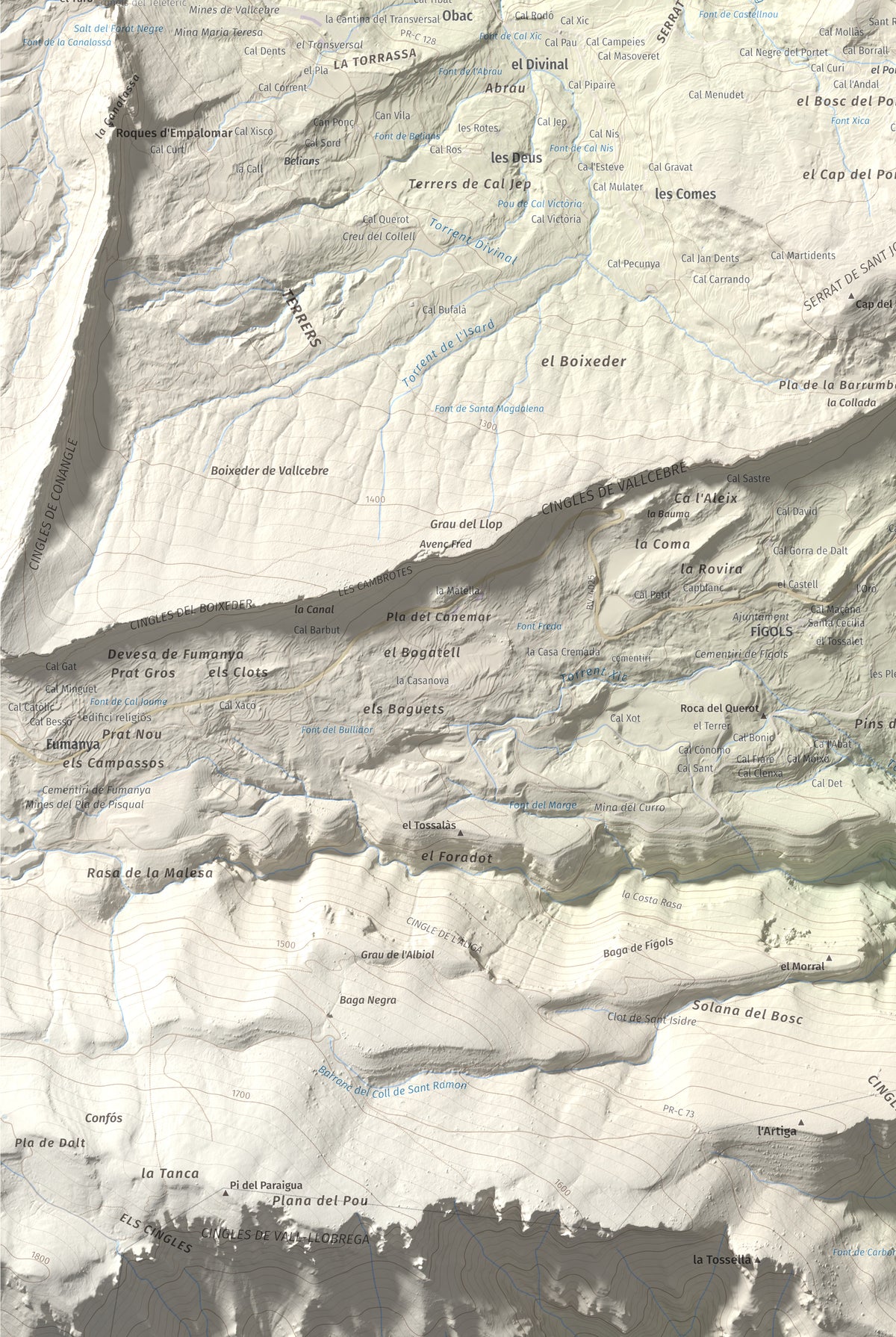 Mapa de relieve de Tossal Llisol, 1326 m, Berguedà, lámina 100 Cims de Trobart. Detalle de la zona inferior izquierda. 61 × 91 cm.