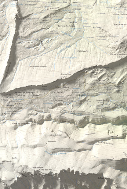 Mapa de relieve de Tossal Llisol, 1326 m, Berguedà, lámina 100 Cims de Trobart. Detalle de la zona inferior izquierda. 61 × 91 cm.