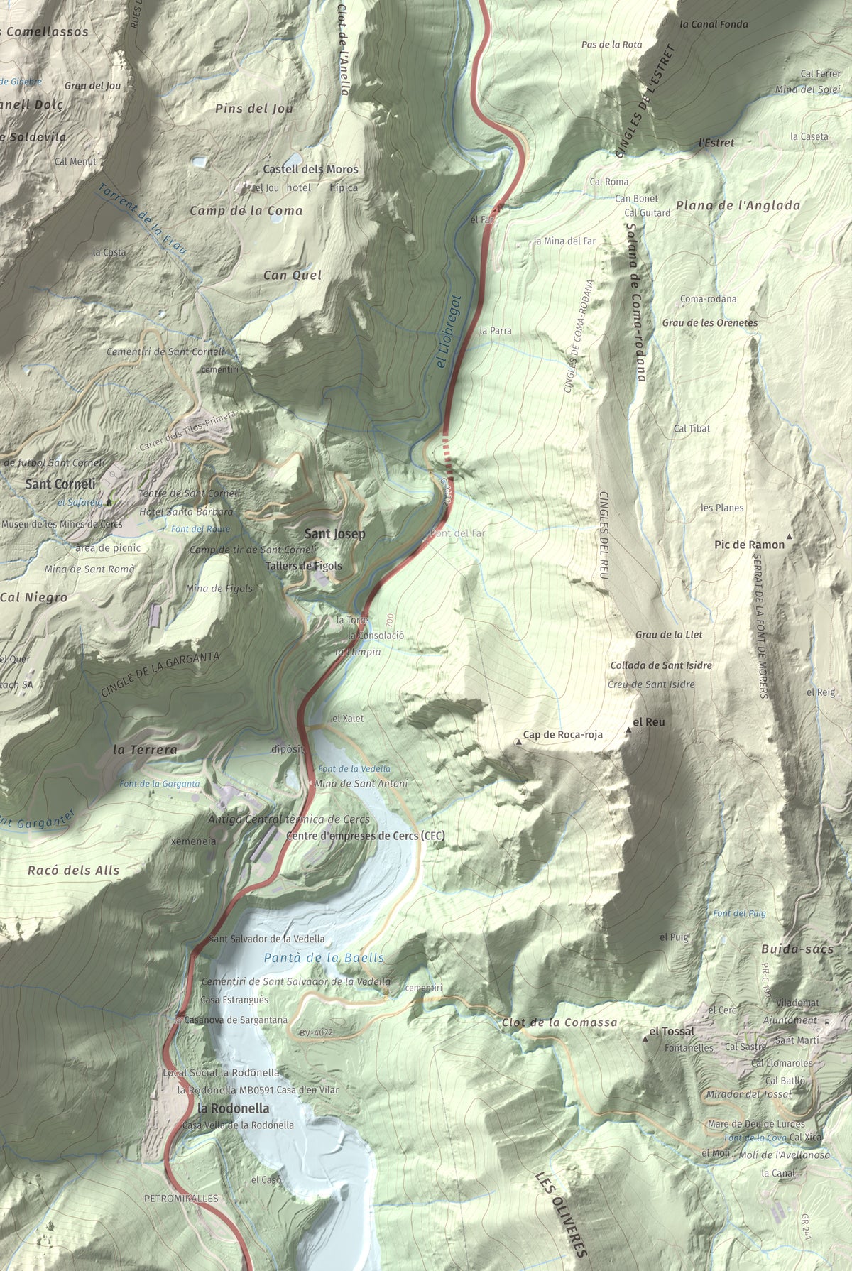 Mapa de relieve de Tossal Llisol, 1326 m, Berguedà, lámina 100 Cims de Trobart. Detalle de la zona inferior derecha. 61 × 91 cm.