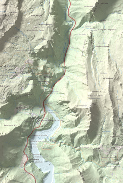 Mapa de relieve de Tossal Llisol, 1326 m, Berguedà, lámina 100 Cims de Trobart. Detalle de la zona inferior derecha. 61 × 91 cm.