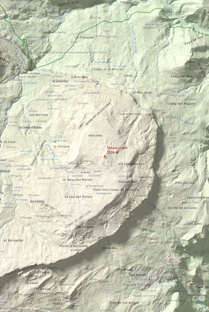 Mapa de relieve de Tossal Llisol, 1326 m, Berguedà, lámina 100 Cims de Trobart. Detalle de la zona central. 61 × 91 cm.