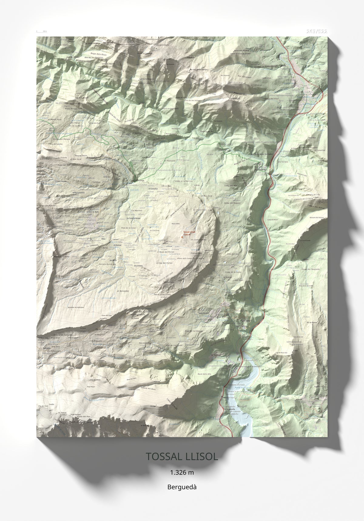 Mapa de relieve de Tossal Llisol, 1326 m, Berguedà, lámina 100 Cims de Trobart 70 × 100 cm.