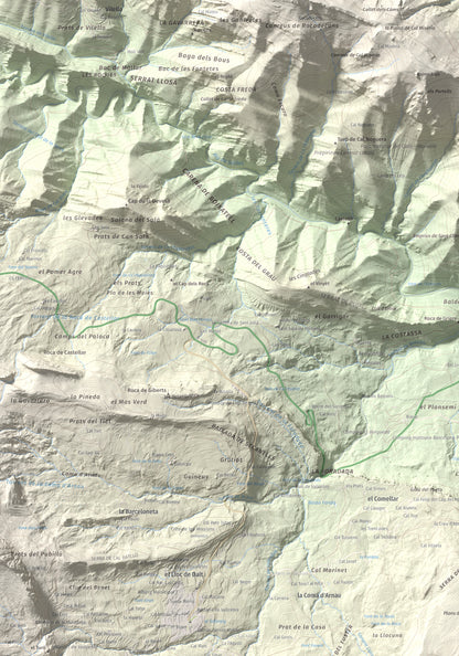 Mapa de relieve de Tossal Llisol, 1326 m, Berguedà, lámina 100 Cims de Trobart. Detalle de la zona superior izquierda. 70 × 100 cm.