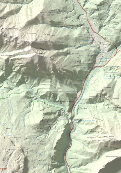 Mapa de relieve de Tossal Llisol, 1326 m, Berguedà, lámina 100 Cims de Trobart. Detalle de la zona superior derecha. 70 × 100 cm.