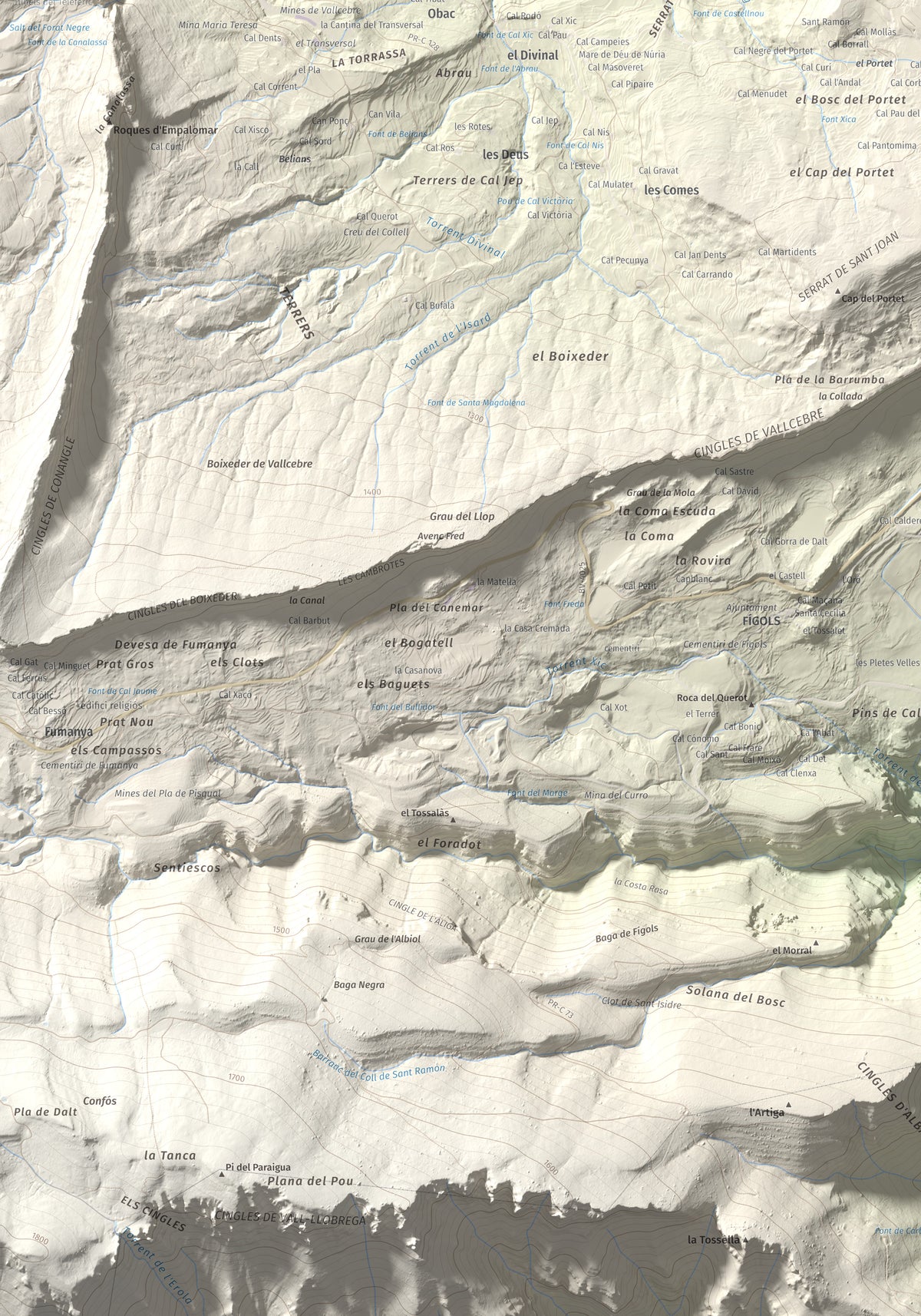 Mapa de relieve de Tossal Llisol, 1326 m, Berguedà, lámina 100 Cims de Trobart. Detalle de la zona inferior izquierda. 70 × 100 cm.
