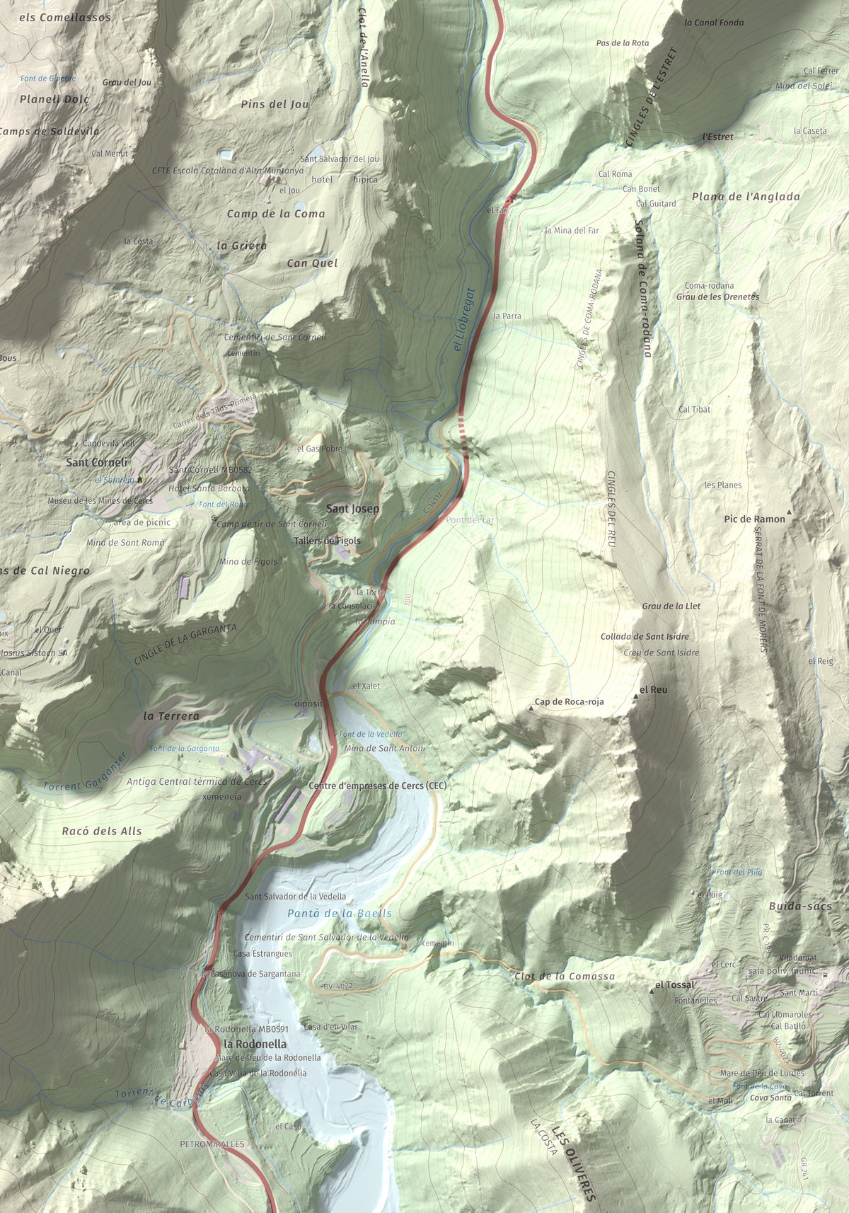 Mapa de relieve de Tossal Llisol, 1326 m, Berguedà, lámina 100 Cims de Trobart. Detalle de la zona inferior derecha. 70 × 100 cm.