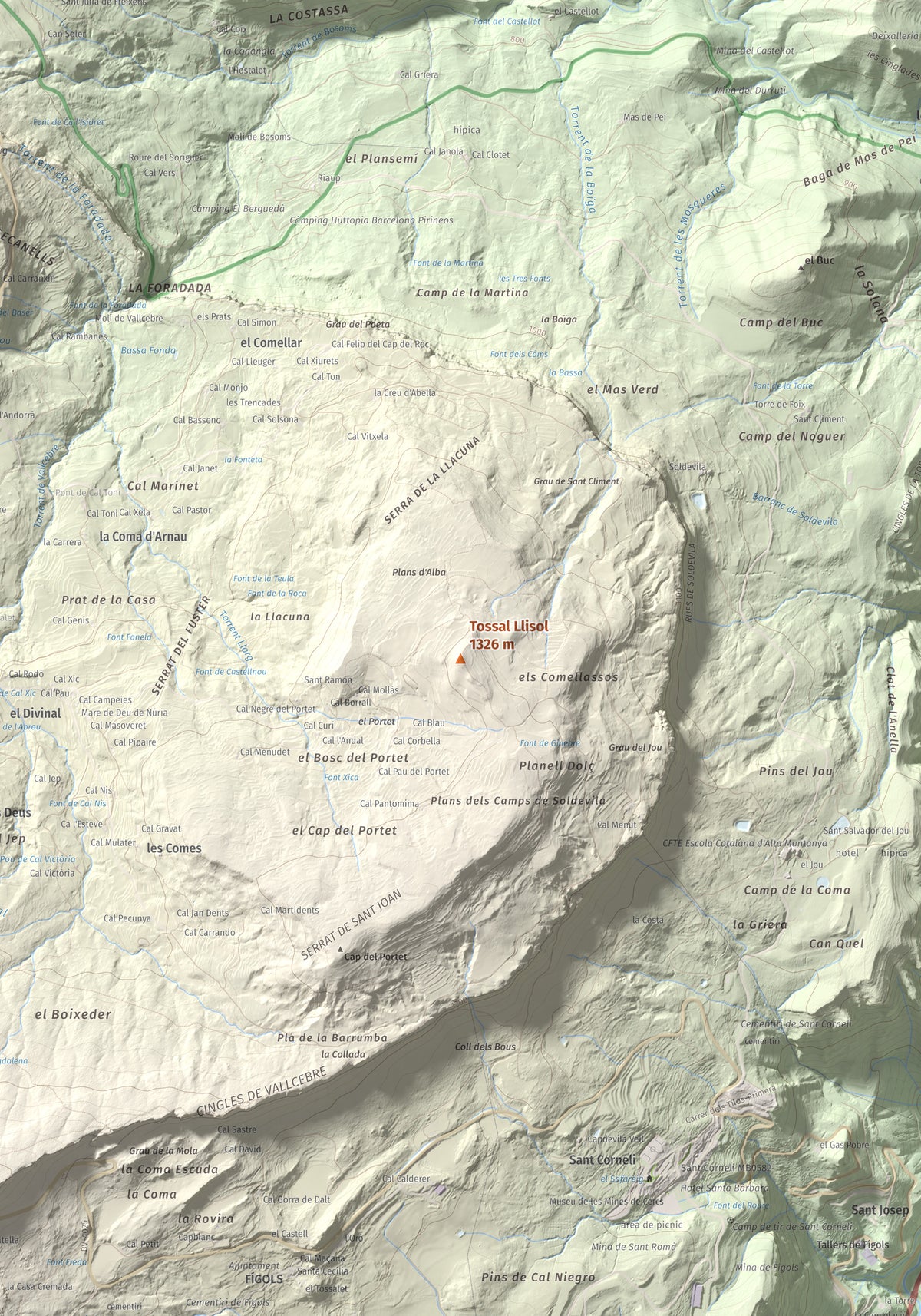 Mapa de relieve de Tossal Llisol, 1326 m, Berguedà, lámina 100 Cims de Trobart. Detalle de la zona central. 70 × 100 cm.