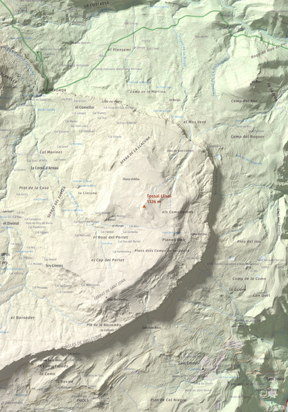 Mapa de relieve de Tossal Llisol, 1326 m, Berguedà, lámina 100 Cims de Trobart. Detalle de la zona central. 70 × 100 cm.