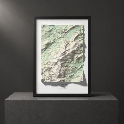 Mapa de relieve de Tossal d'Engrilló, 1072 m, Baix Ebre · Terra Alta, lámina 100 Cims de Trobart. Presentación enmarcada. 21 × 30 cm.