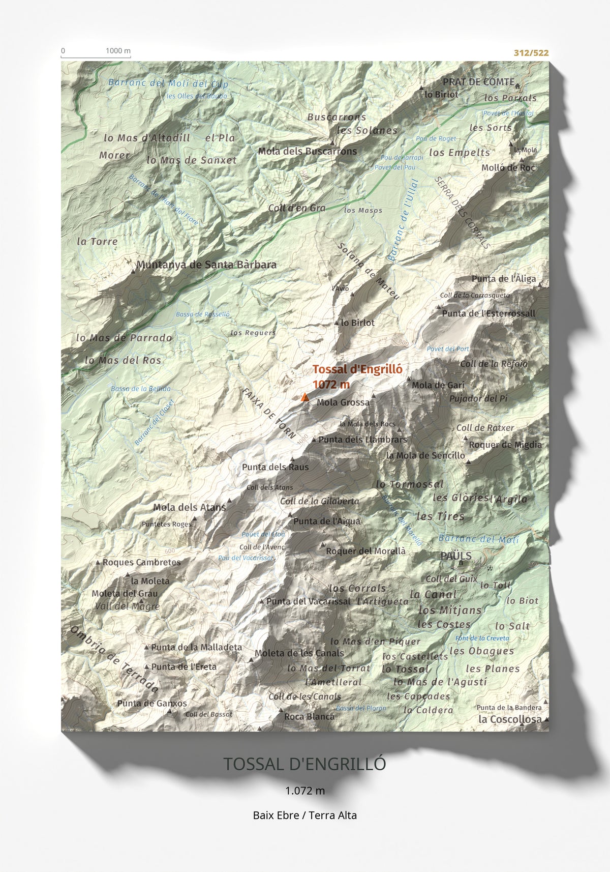 Mapa de relieve de Tossal d'Engrilló, 1072 m, Baix Ebre · Terra Alta, lámina 100 Cims de Trobart 21 × 30 cm.