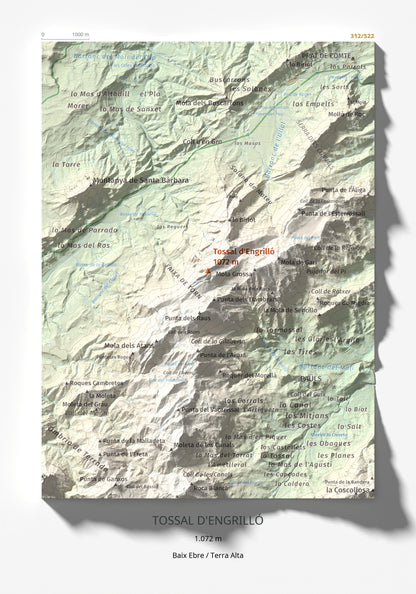 Mapa de relieve de Tossal d'Engrilló, 1072 m, Baix Ebre · Terra Alta, lámina 100 Cims de Trobart 21 × 30 cm.