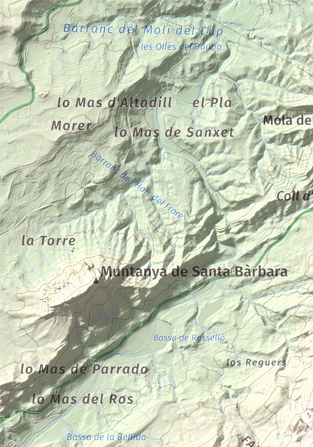 Mapa de relieve de Tossal d'Engrilló, 1072 m, Baix Ebre · Terra Alta, lámina 100 Cims de Trobart. Detalle de la zona superior izquierda. 21 × 30 cm.