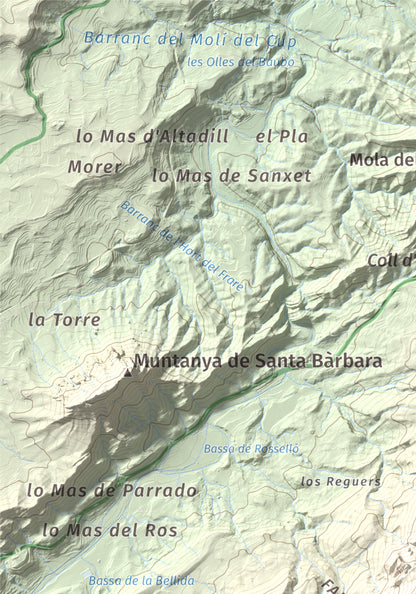 Mapa de relieve de Tossal d'Engrilló, 1072 m, Baix Ebre · Terra Alta, lámina 100 Cims de Trobart. Detalle de la zona superior izquierda. 21 × 30 cm.