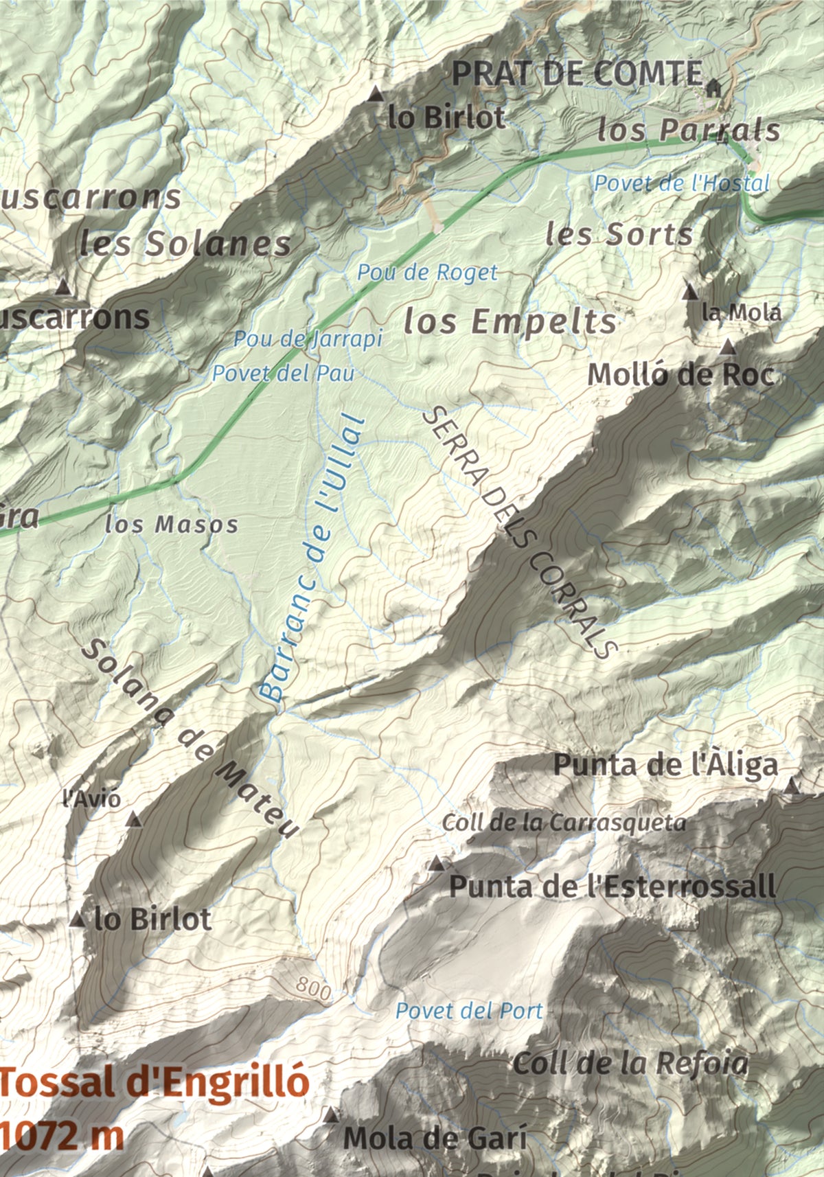 Mapa de relieve de Tossal d'Engrilló, 1072 m, Baix Ebre · Terra Alta, lámina 100 Cims de Trobart. Detalle de la zona superior derecha. 21 × 30 cm.