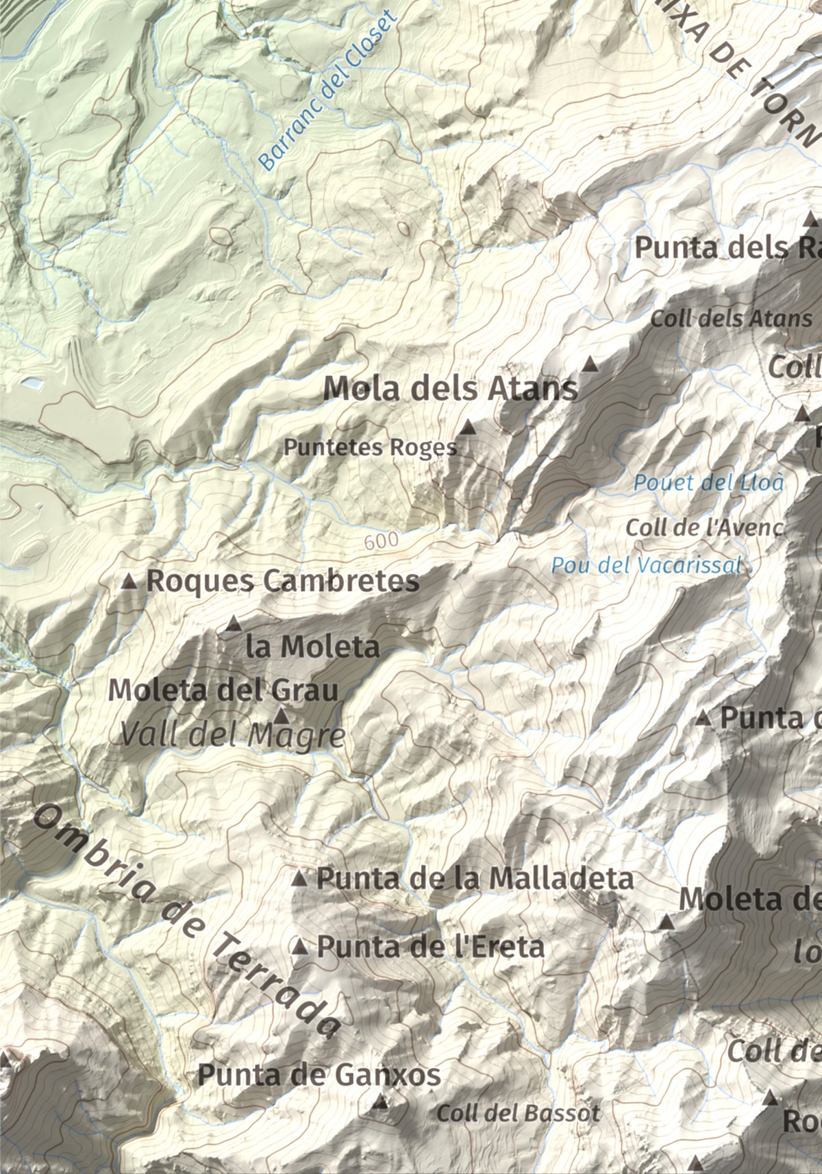 Mapa de relieve de Tossal d'Engrilló, 1072 m, Baix Ebre · Terra Alta, lámina 100 Cims de Trobart. Detalle de la zona inferior izquierda. 21 × 30 cm.