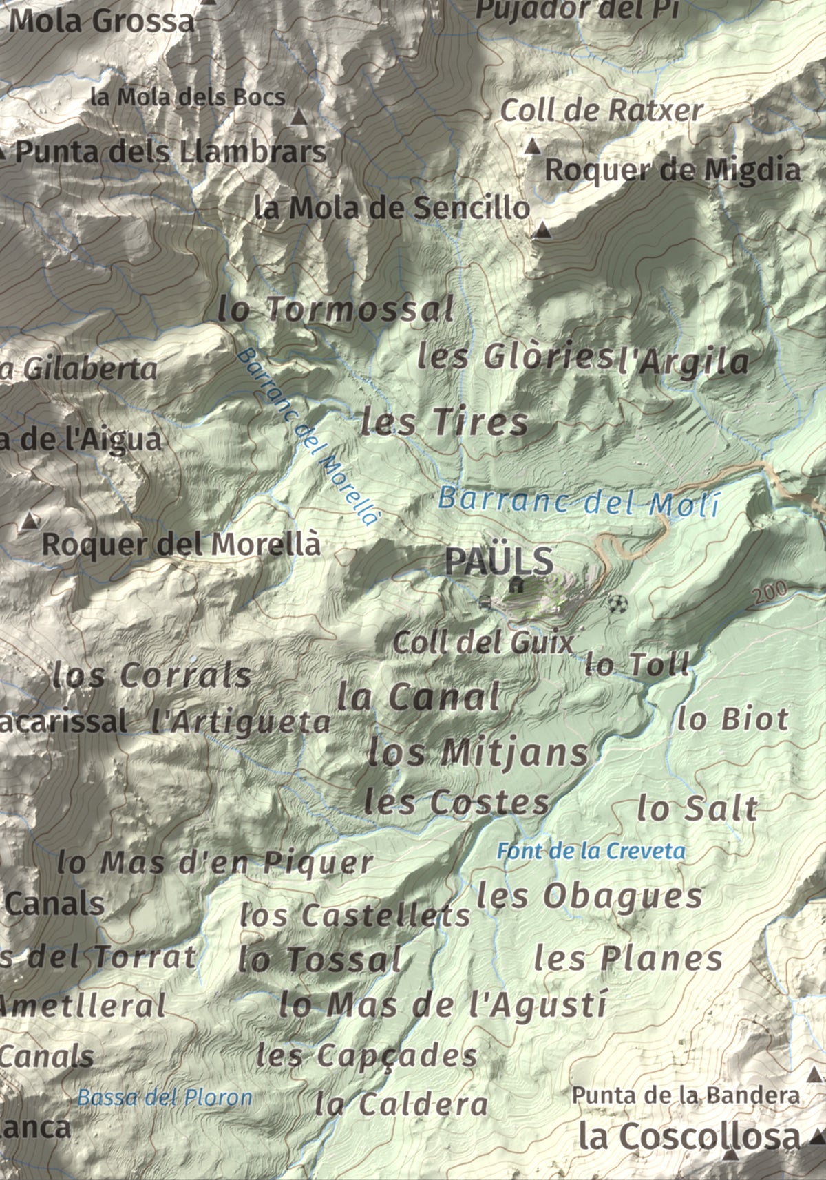 Mapa de relieve de Tossal d'Engrilló, 1072 m, Baix Ebre · Terra Alta, lámina 100 Cims de Trobart. Detalle de la zona inferior derecha. 21 × 30 cm.