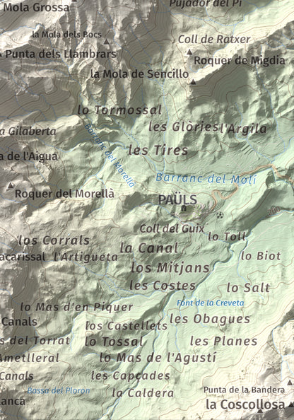 Mapa de relieve de Tossal d'Engrilló, 1072 m, Baix Ebre · Terra Alta, lámina 100 Cims de Trobart. Detalle de la zona inferior derecha. 21 × 30 cm.