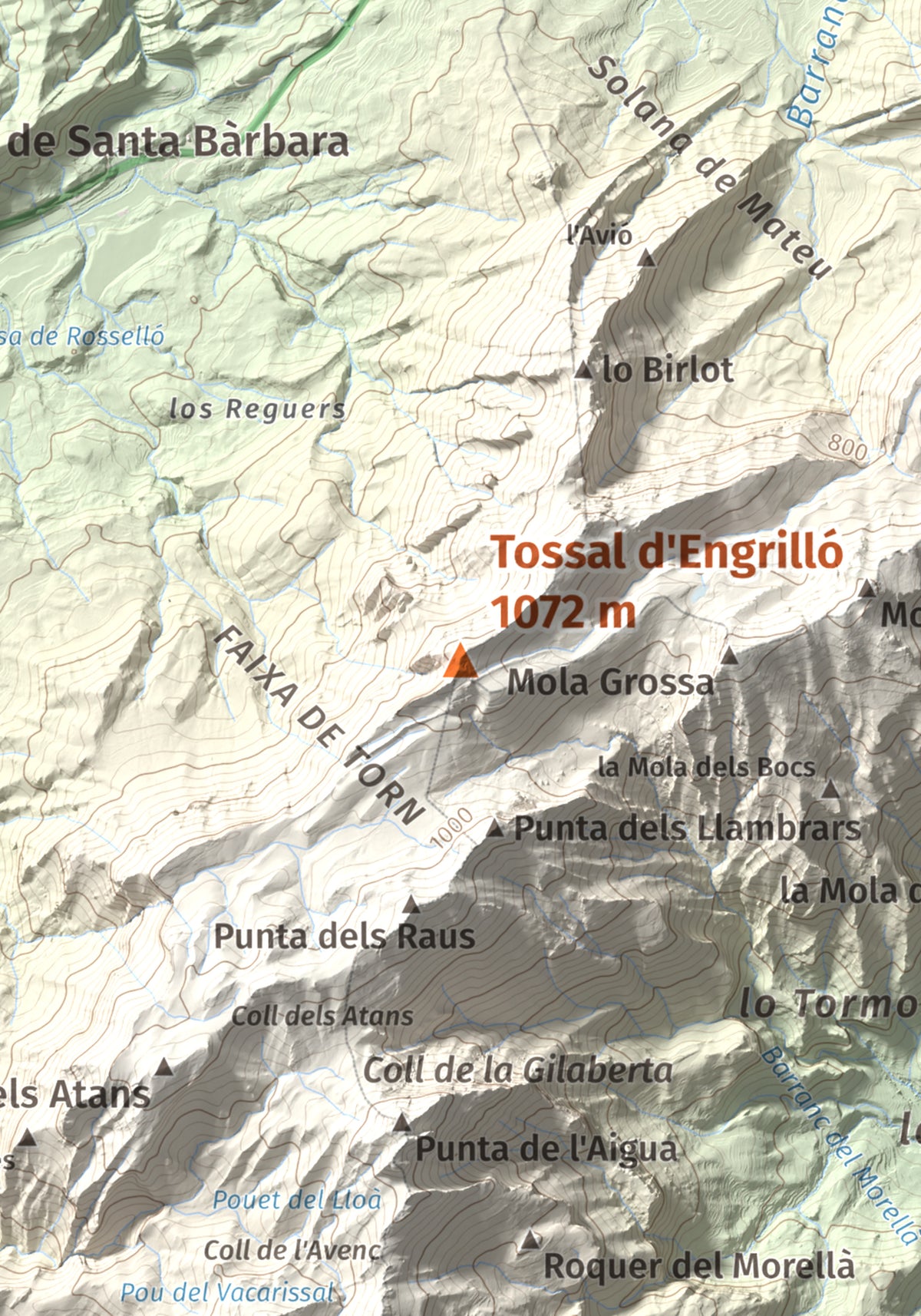 Mapa de relieve de Tossal d'Engrilló, 1072 m, Baix Ebre · Terra Alta, lámina 100 Cims de Trobart. Detalle de la zona central. 21 × 30 cm.
