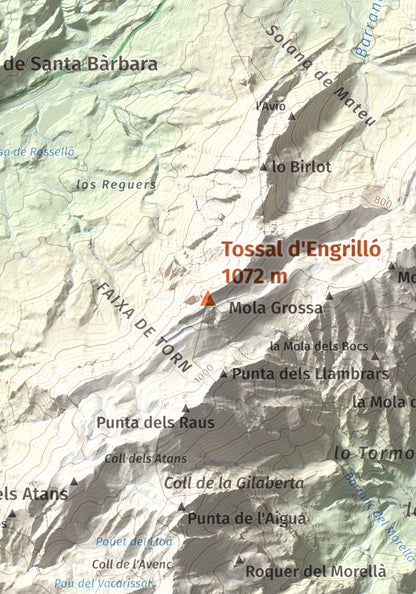 Mapa de relieve de Tossal d'Engrilló, 1072 m, Baix Ebre · Terra Alta, lámina 100 Cims de Trobart. Detalle de la zona central. 21 × 30 cm.