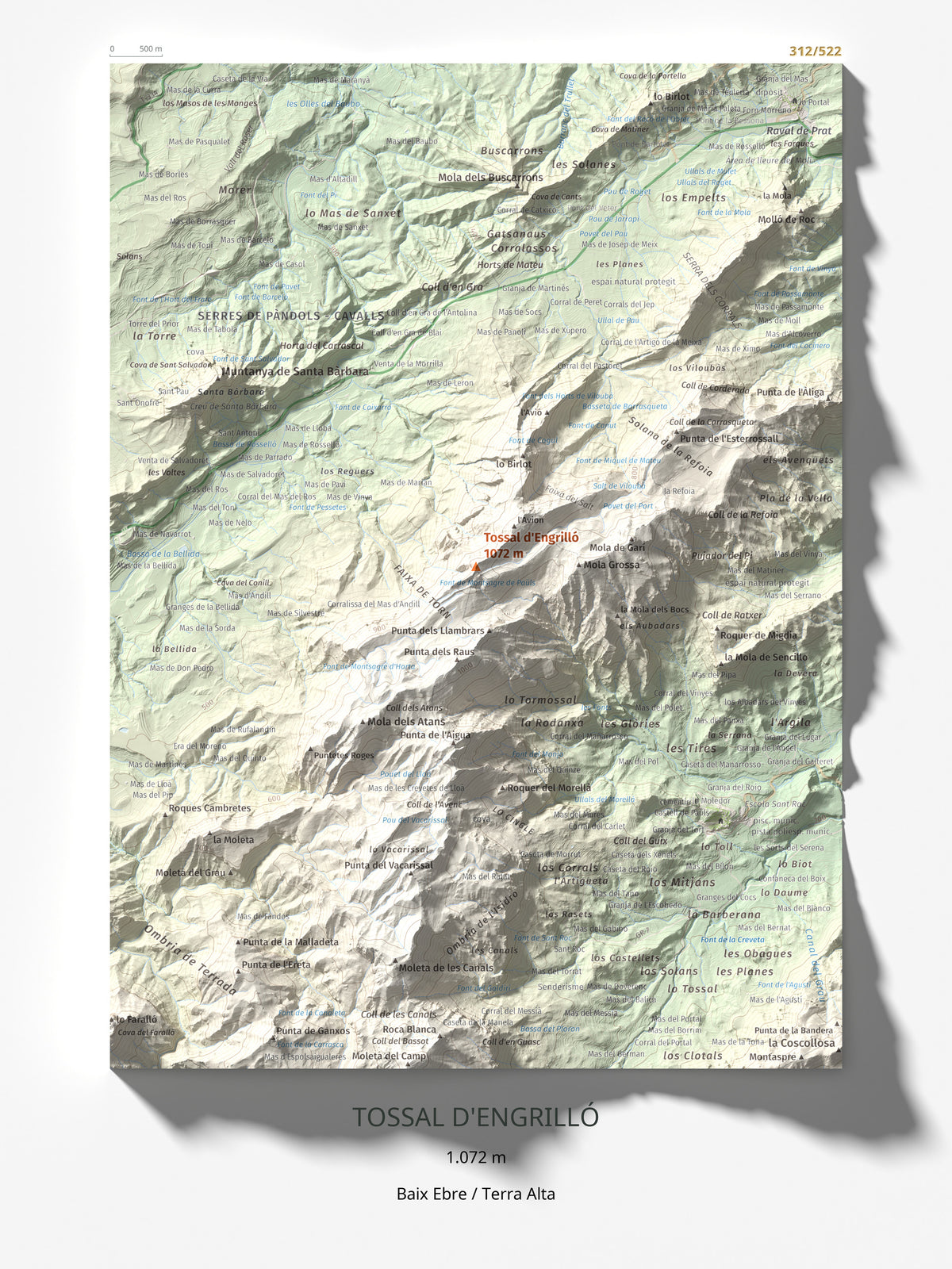 Mapa de relieve de Tossal d'Engrilló, 1072 m, Baix Ebre · Terra Alta, lámina 100 Cims de Trobart 30 × 40 cm.
