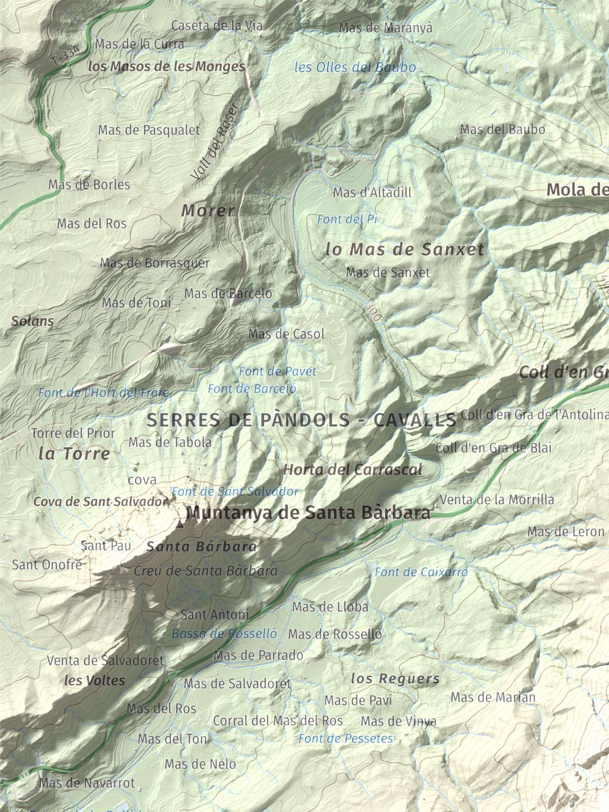 Mapa de relieve de Tossal d'Engrilló, 1072 m, Baix Ebre · Terra Alta, lámina 100 Cims de Trobart. Detalle de la zona superior izquierda. 30 × 40 cm.