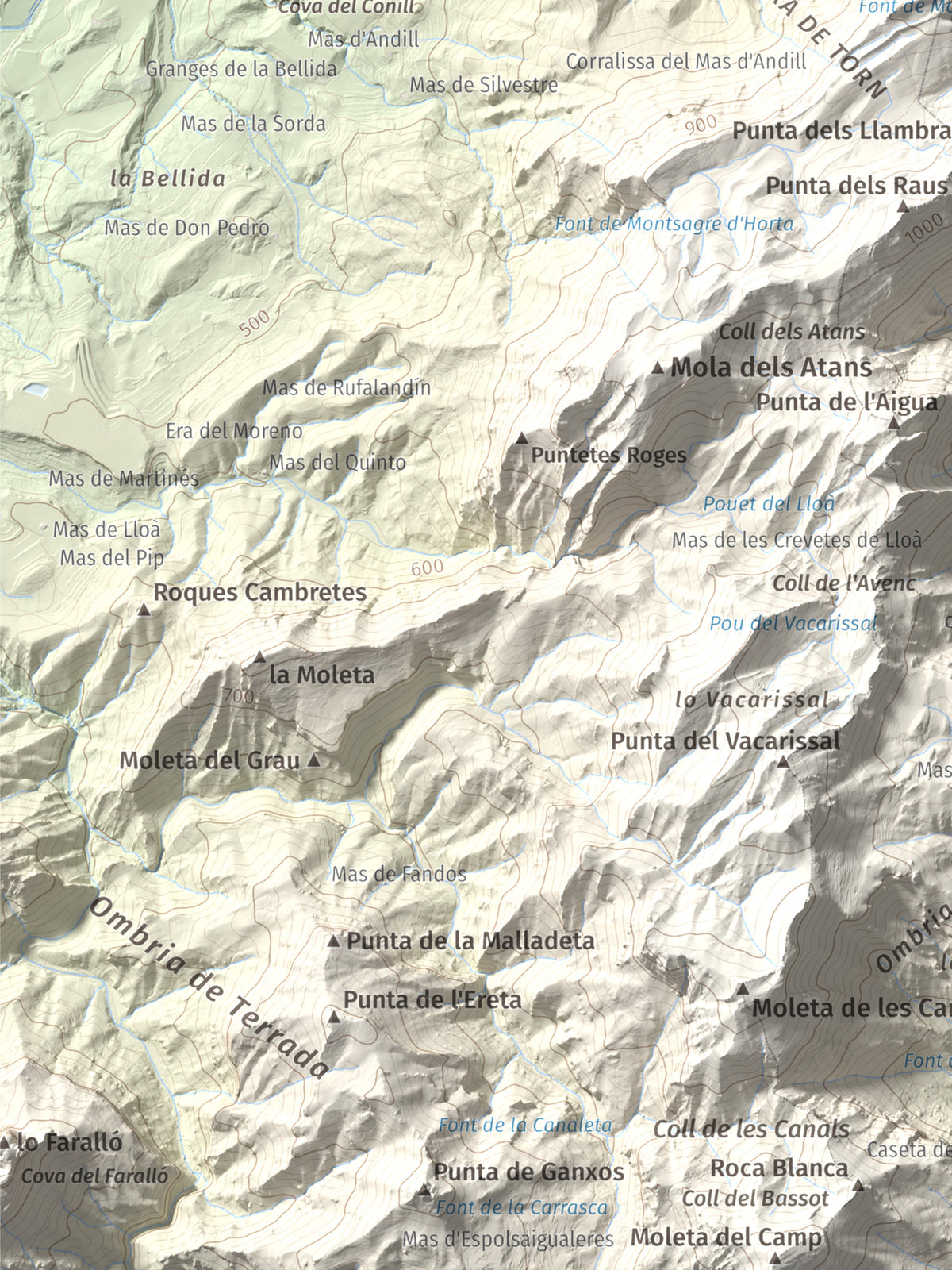 Mapa de relieve de Tossal d'Engrilló, 1072 m, Baix Ebre · Terra Alta, lámina 100 Cims de Trobart. Detalle de la zona inferior izquierda. 30 × 40 cm.