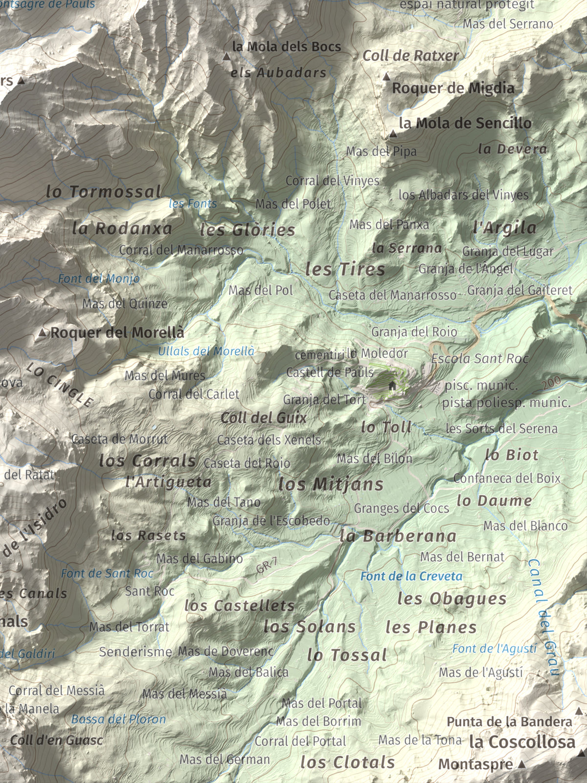 Mapa de relieve de Tossal d'Engrilló, 1072 m, Baix Ebre · Terra Alta, lámina 100 Cims de Trobart. Detalle de la zona inferior derecha. 30 × 40 cm.