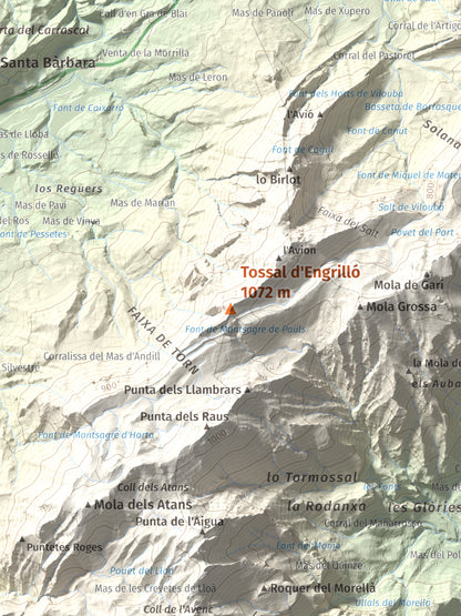 Mapa de relieve de Tossal d'Engrilló, 1072 m, Baix Ebre · Terra Alta, lámina 100 Cims de Trobart. Detalle de la zona central. 30 × 40 cm.