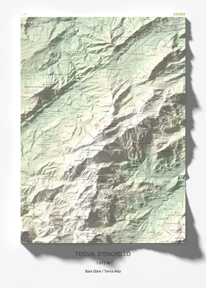 Mapa de relieve de Tossal d'Engrilló, 1072 m, Baix Ebre · Terra Alta, lámina 100 Cims de Trobart 50 × 70 cm.