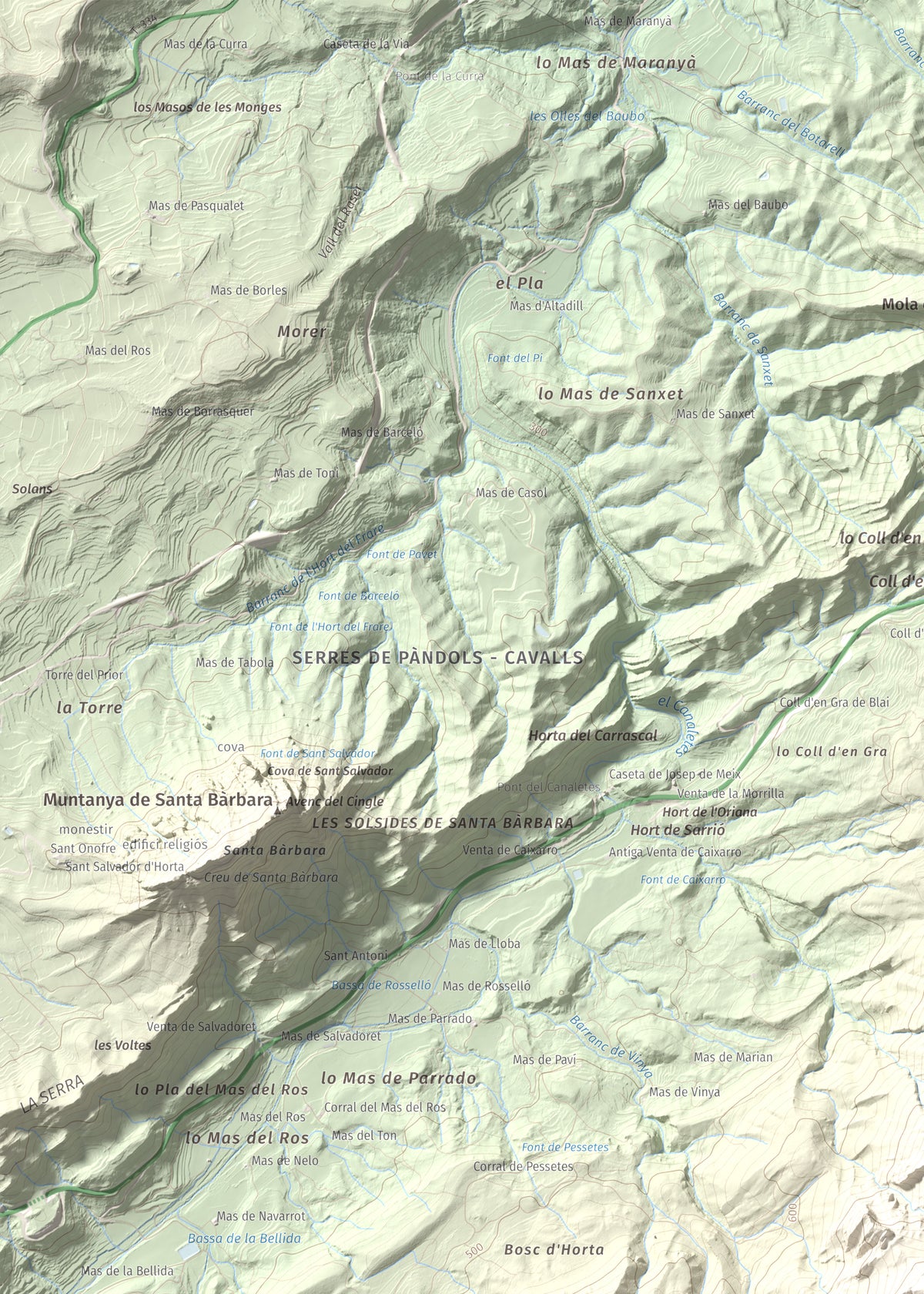 Mapa de relieve de Tossal d'Engrilló, 1072 m, Baix Ebre · Terra Alta, lámina 100 Cims de Trobart. Detalle de la zona superior izquierda. 50 × 70 cm.