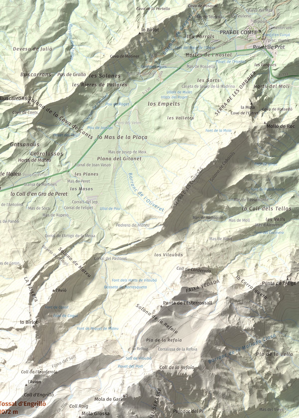 Mapa de relieve de Tossal d'Engrilló, 1072 m, Baix Ebre · Terra Alta, lámina 100 Cims de Trobart. Detalle de la zona superior derecha. 50 × 70 cm.