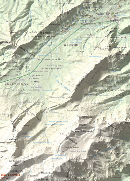 Mapa de relieve de Tossal d'Engrilló, 1072 m, Baix Ebre · Terra Alta, lámina 100 Cims de Trobart. Detalle de la zona superior derecha. 50 × 70 cm.