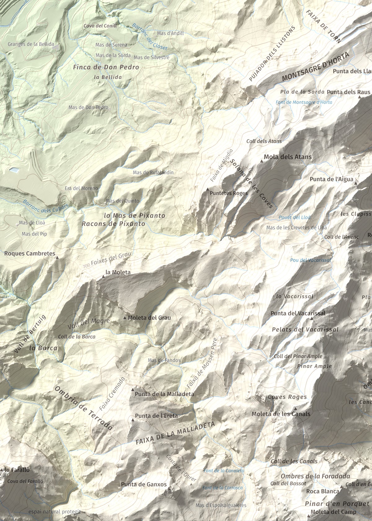 Mapa de relieve de Tossal d'Engrilló, 1072 m, Baix Ebre · Terra Alta, lámina 100 Cims de Trobart. Detalle de la zona inferior izquierda. 50 × 70 cm.