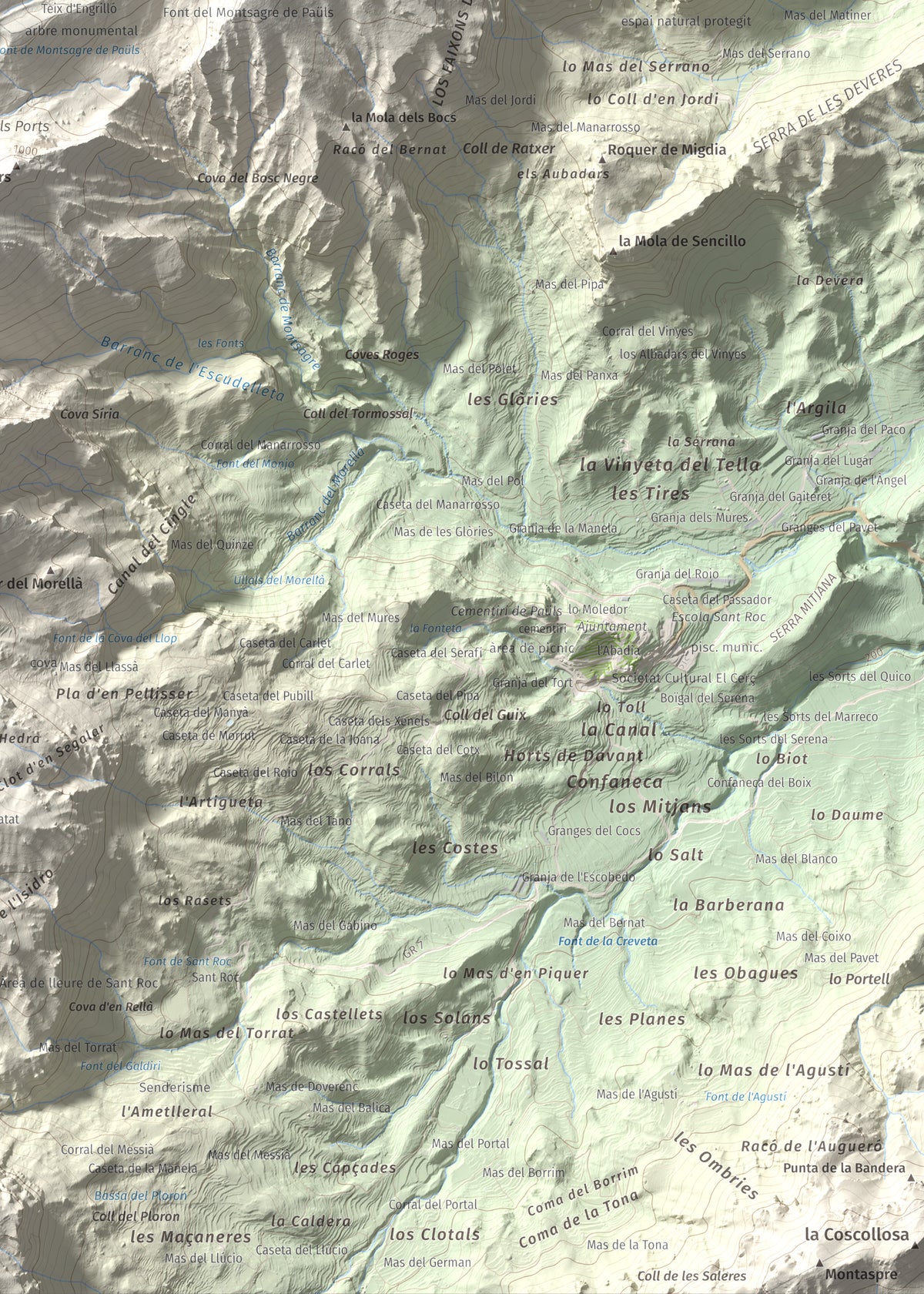 Mapa de relieve de Tossal d'Engrilló, 1072 m, Baix Ebre · Terra Alta, lámina 100 Cims de Trobart. Detalle de la zona inferior derecha. 50 × 70 cm.
