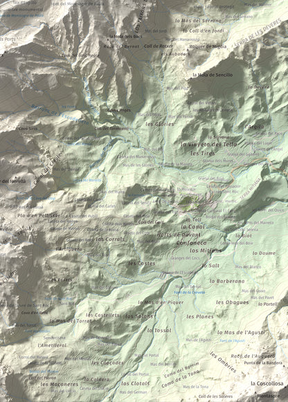 Mapa de relieve de Tossal d'Engrilló, 1072 m, Baix Ebre · Terra Alta, lámina 100 Cims de Trobart. Detalle de la zona inferior derecha. 50 × 70 cm.