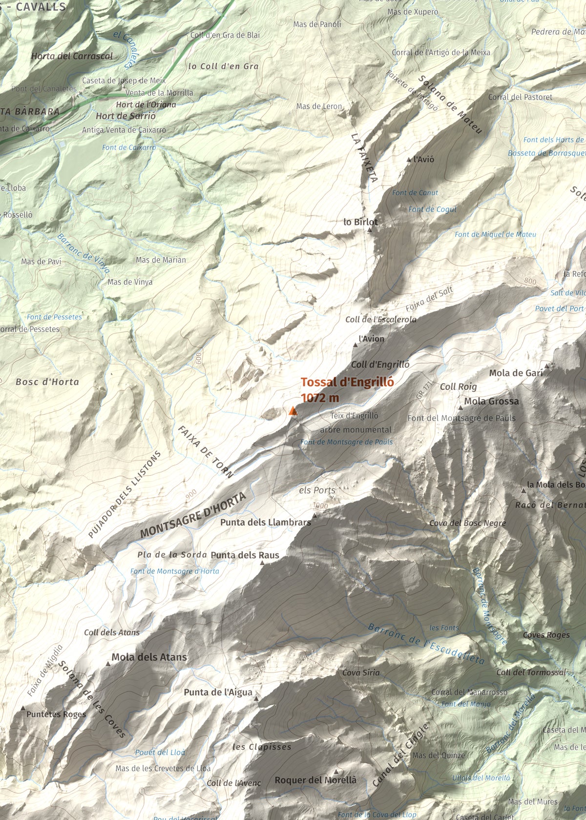 Mapa de relieve de Tossal d'Engrilló, 1072 m, Baix Ebre · Terra Alta, lámina 100 Cims de Trobart. Detalle de la zona central. 50 × 70 cm.