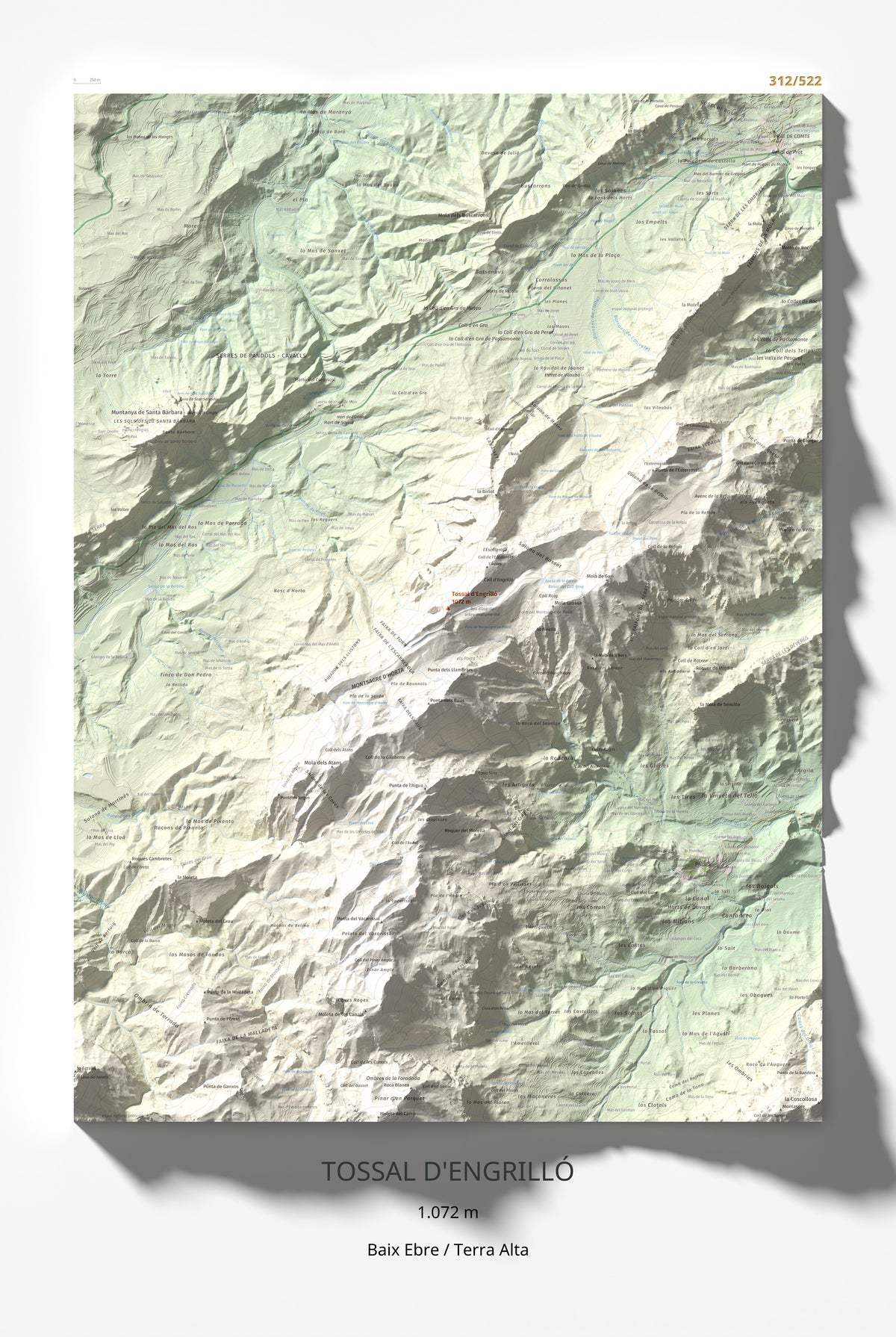 Mapa de relieve de Tossal d'Engrilló, 1072 m, Baix Ebre · Terra Alta, lámina 100 Cims de Trobart 61 × 91 cm.