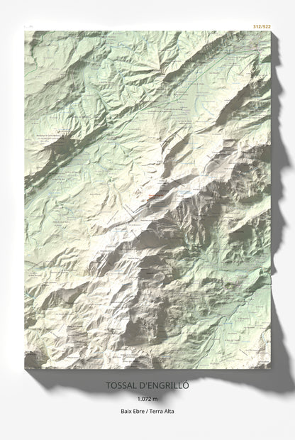 Mapa de relieve de Tossal d'Engrilló, 1072 m, Baix Ebre · Terra Alta, lámina 100 Cims de Trobart 61 × 91 cm.