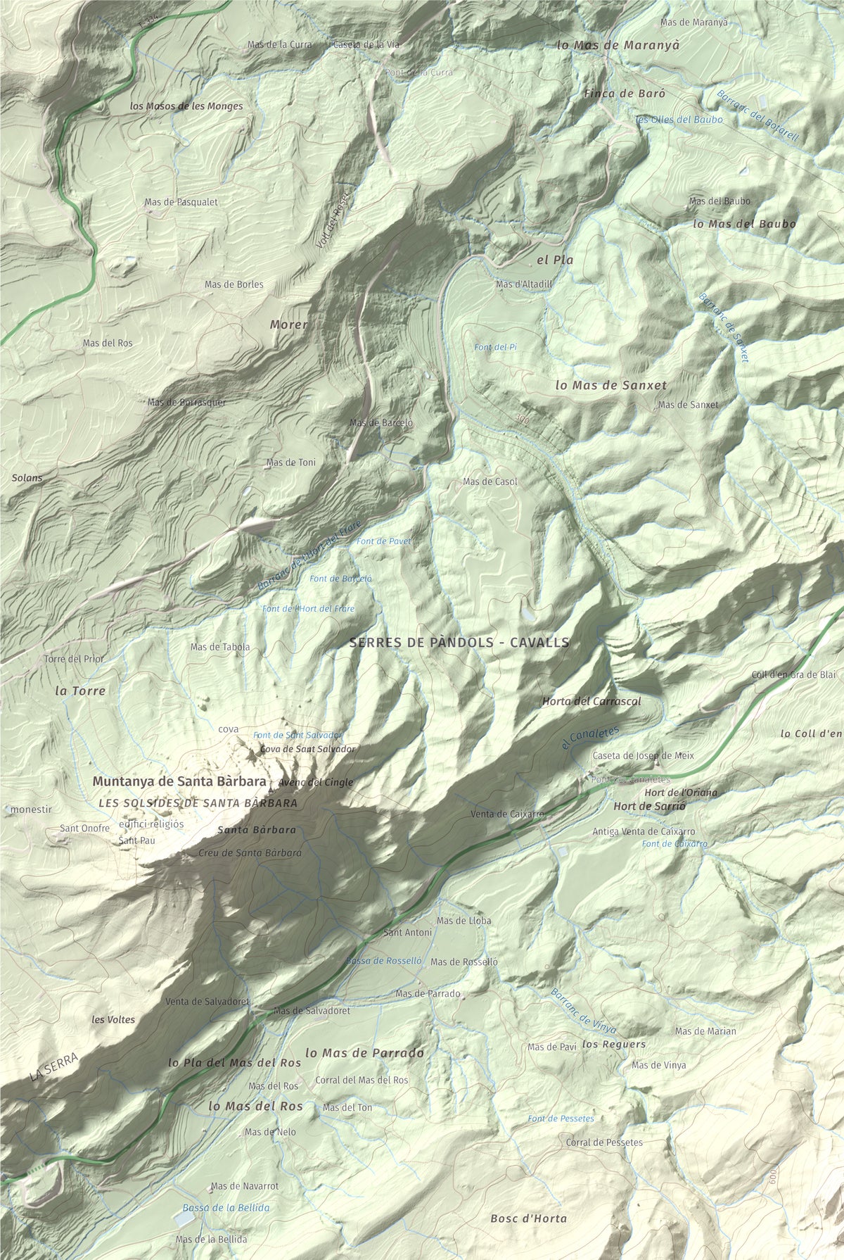 Mapa de relieve de Tossal d'Engrilló, 1072 m, Baix Ebre · Terra Alta, lámina 100 Cims de Trobart. Detalle de la zona superior izquierda. 61 × 91 cm.