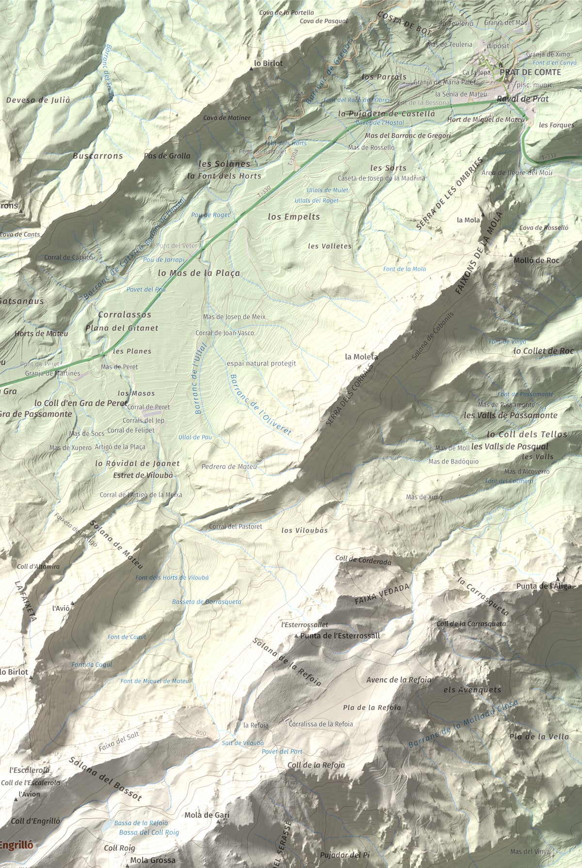 Mapa de relieve de Tossal d'Engrilló, 1072 m, Baix Ebre · Terra Alta, lámina 100 Cims de Trobart. Detalle de la zona superior derecha. 61 × 91 cm.