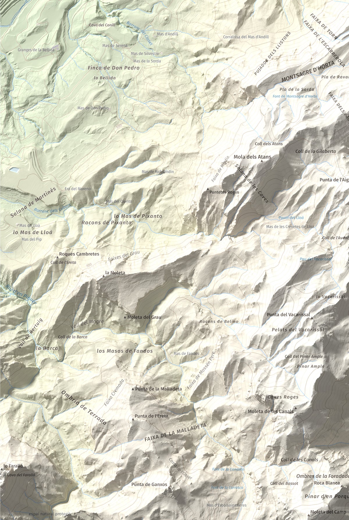 Mapa de relieve de Tossal d'Engrilló, 1072 m, Baix Ebre · Terra Alta, lámina 100 Cims de Trobart. Detalle de la zona inferior izquierda. 61 × 91 cm.