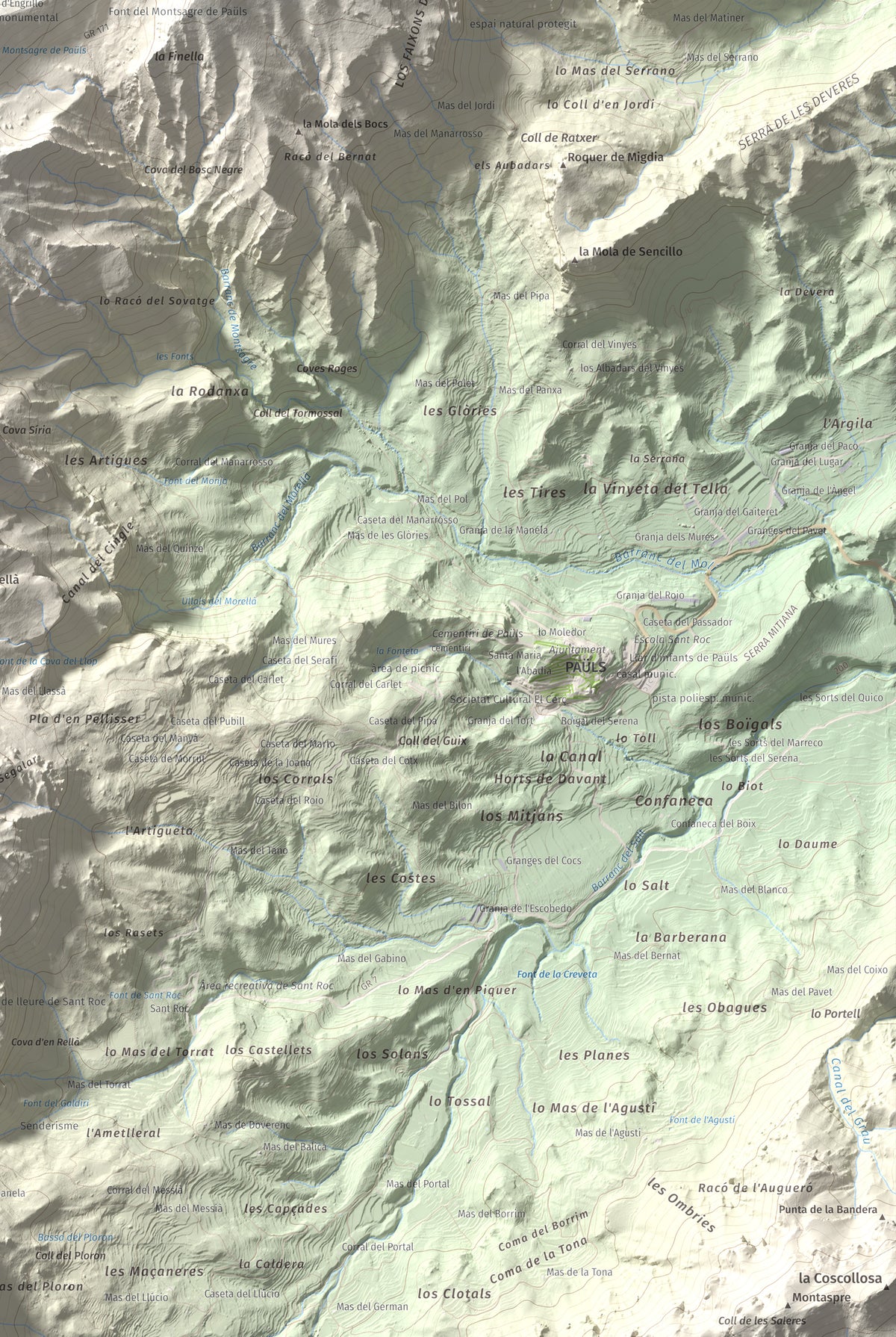 Mapa de relieve de Tossal d'Engrilló, 1072 m, Baix Ebre · Terra Alta, lámina 100 Cims de Trobart. Detalle de la zona inferior derecha. 61 × 91 cm.