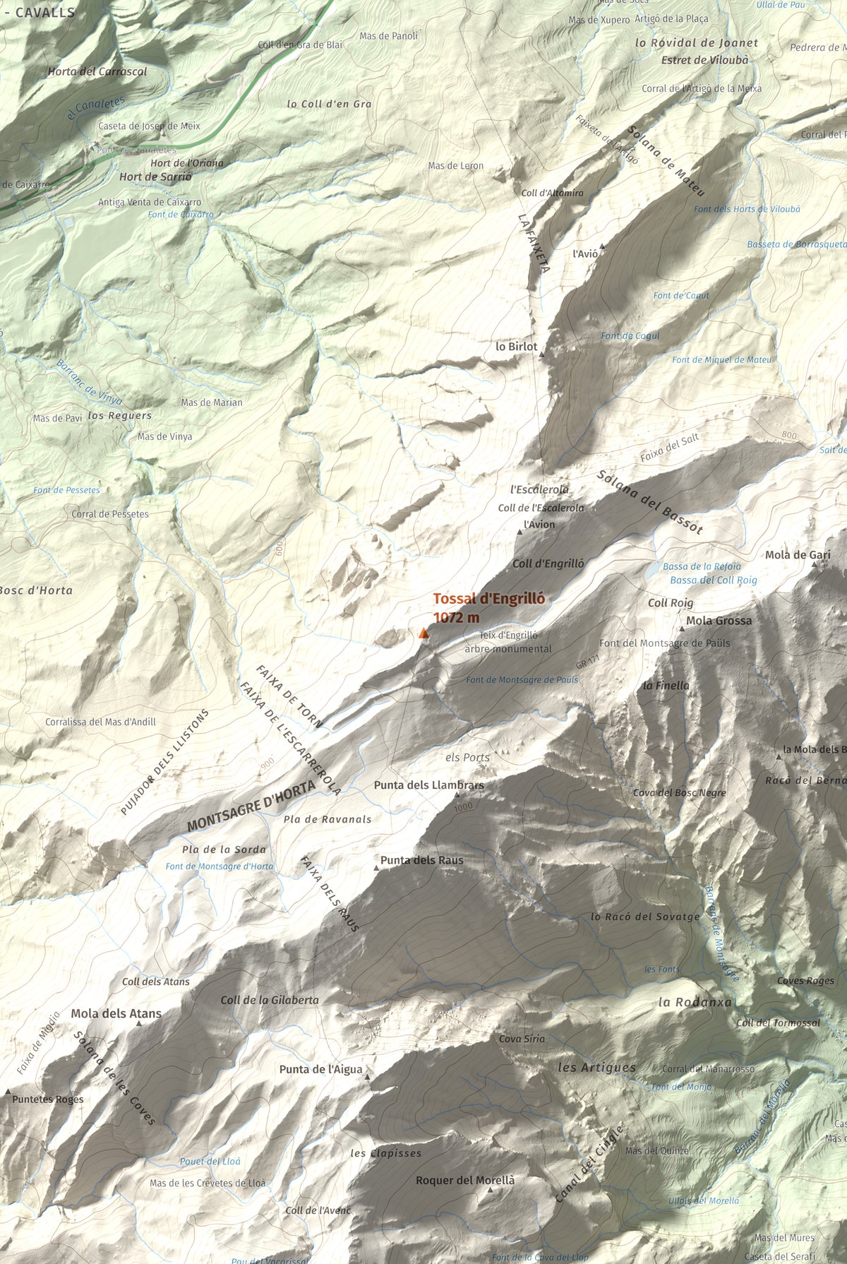 Mapa de relieve de Tossal d'Engrilló, 1072 m, Baix Ebre · Terra Alta, lámina 100 Cims de Trobart. Detalle de la zona central. 61 × 91 cm.