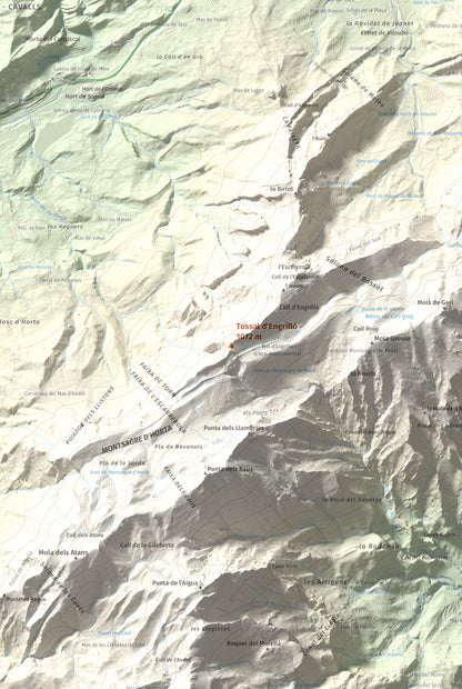 Mapa de relieve de Tossal d'Engrilló, 1072 m, Baix Ebre · Terra Alta, lámina 100 Cims de Trobart. Detalle de la zona central. 61 × 91 cm.