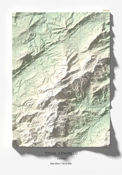 Mapa de relieve de Tossal d'Engrilló, 1072 m, Baix Ebre · Terra Alta, lámina 100 Cims de Trobart 70 × 100 cm.